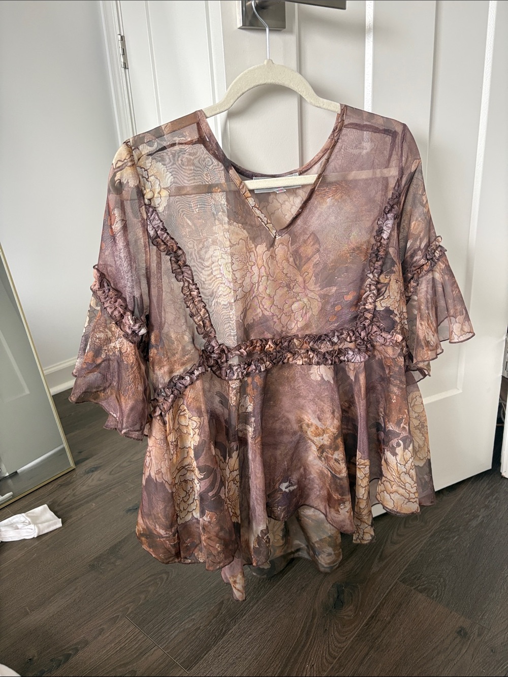 Pretty Angel Sheer Floral Ruffle V-Neck Tunic - Brown
